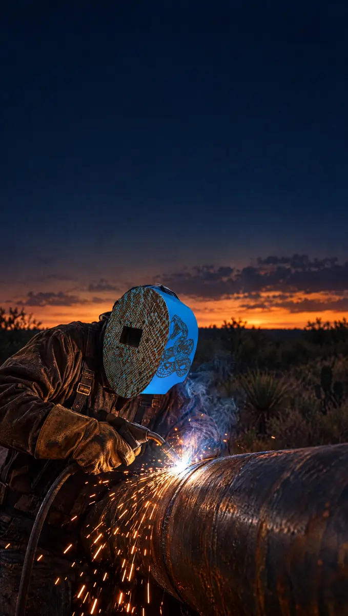Pipeline welder in a blue snakeskin carbon fiber pancake hood running a weld at sunset