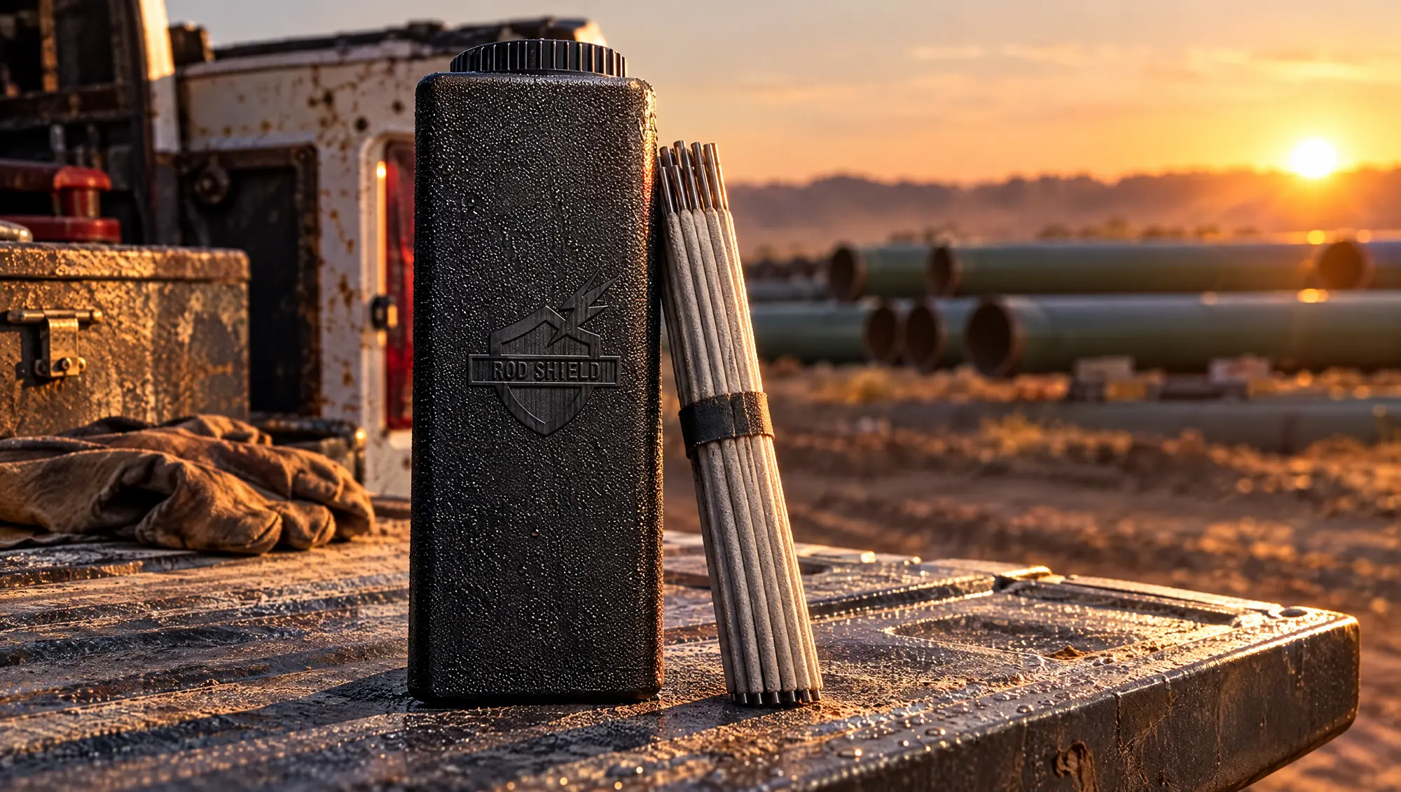 The Rod Shield 50 lb welding rod container on a truck tailgate at a pipeline job