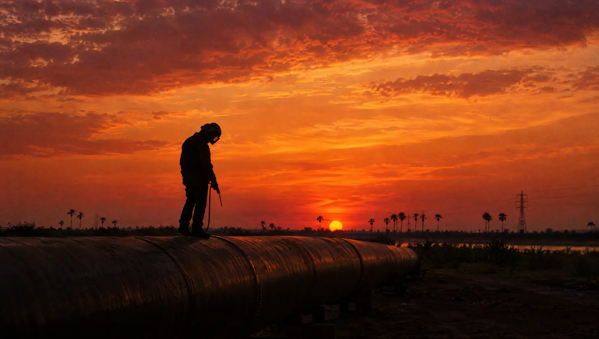 Pipeline welder in a pancake hood at sunset in the Rio Grande Valley